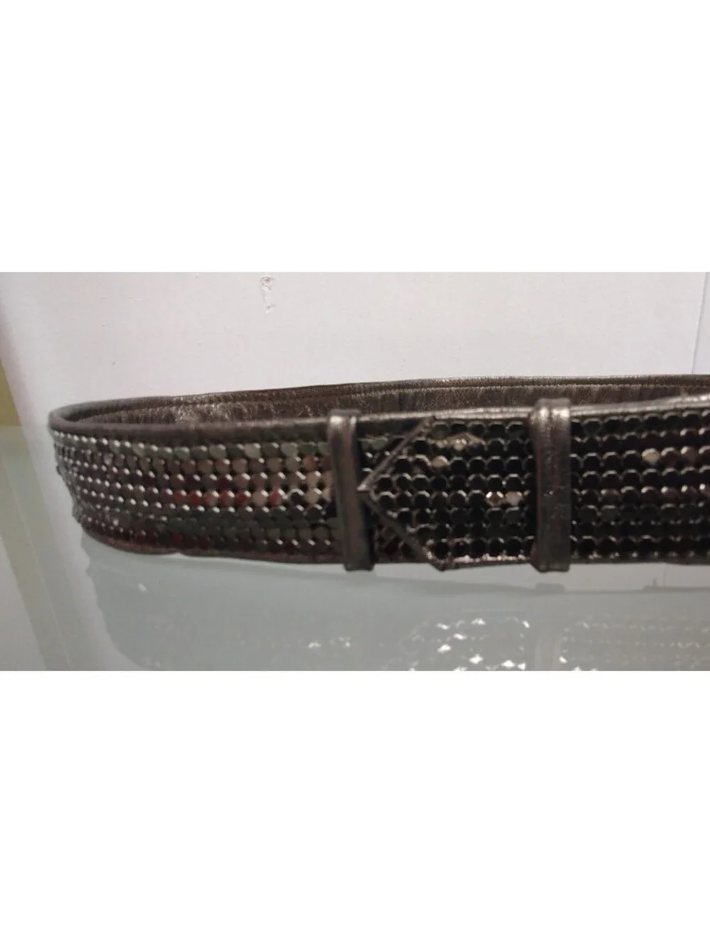 1970s Metal Mesh Olive Metallic Leather Belt Cinch Waist Small 25 / 27